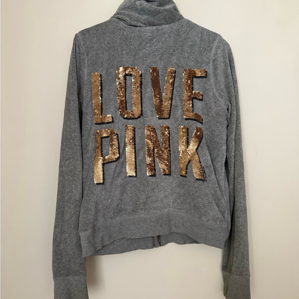 Victoria's Secret Gray Hoodie with Faux Fur Lining and Gold Sequin Lettering